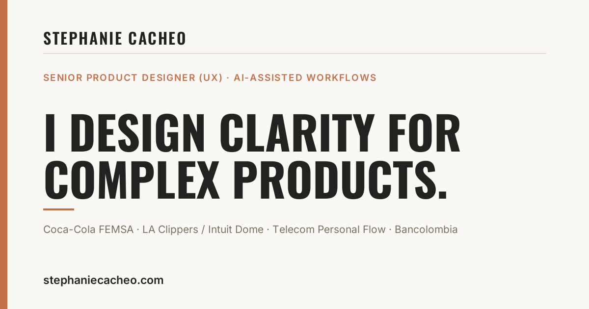 Social sharing card with the headline I design clarity for complex products
